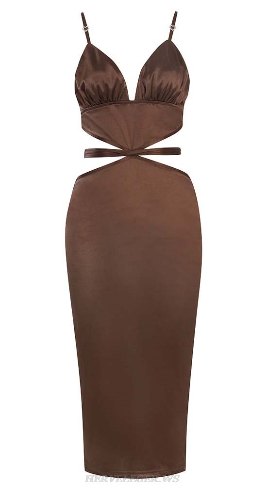 Herve Leger Brown Bustier Strappy Cut Out Midi Dress