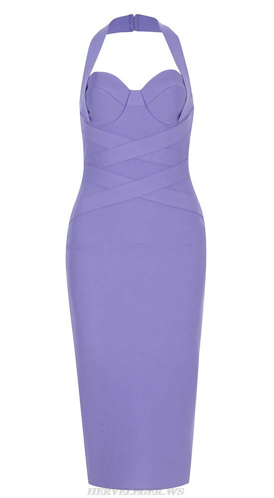 Herve Leger Purple Halter Bustier Midi Dress