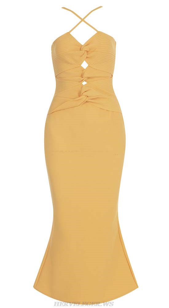 Herve Leger Amber Halter Cut Out Fluted Midi Dress