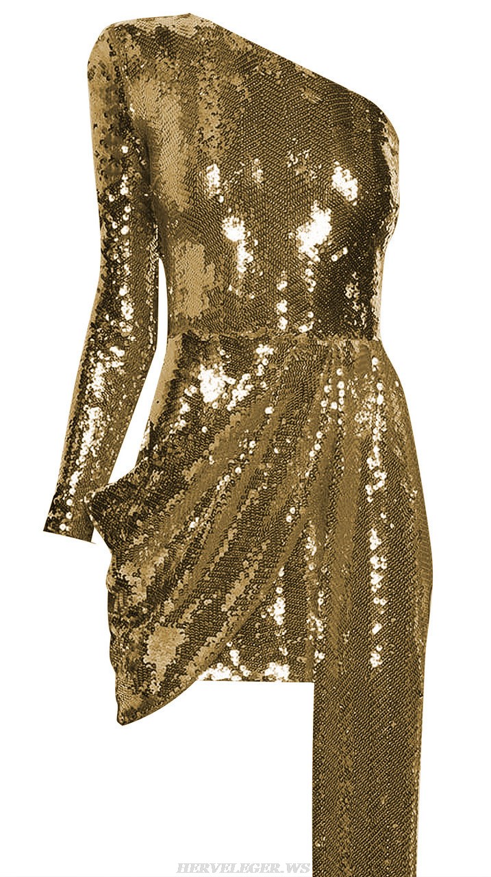 Herve Leger Sequin One Sleeve Sequin Draped Dress