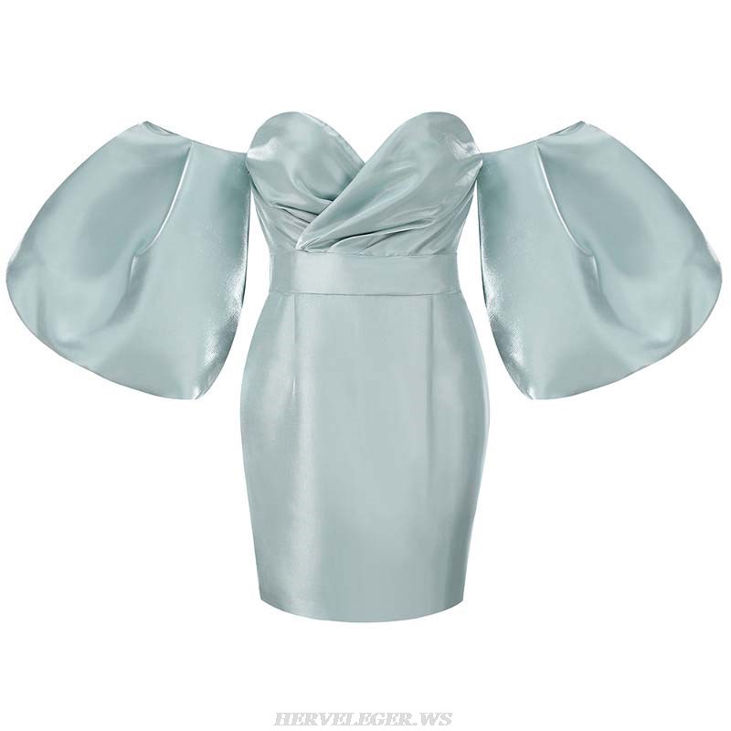 Herve Leger Aqua Puff Sleeve Off Shoulder Silk Dress