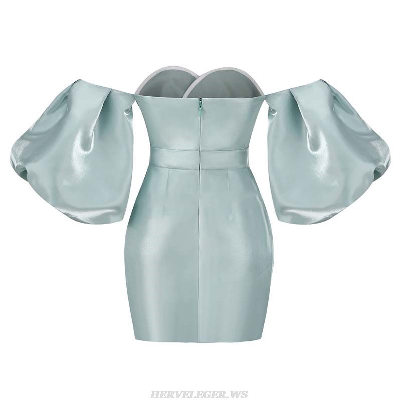 Herve Leger Aqua Puff Sleeve Off Shoulder Silk Dress