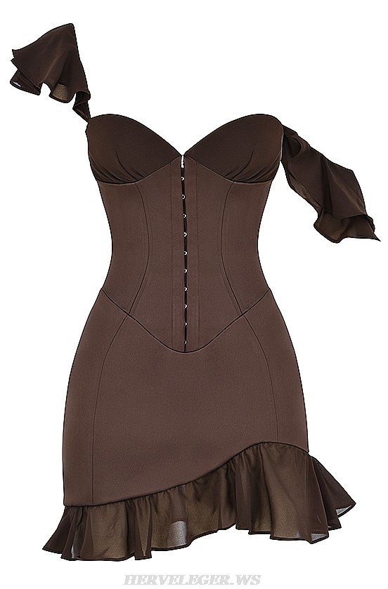 Herve Leger Brown Ruffle Corset Dress