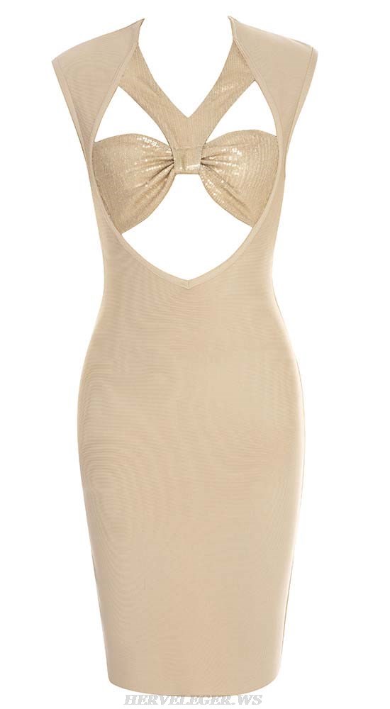 Herve Leger Nude Sequined Bustier Cut Out Dress