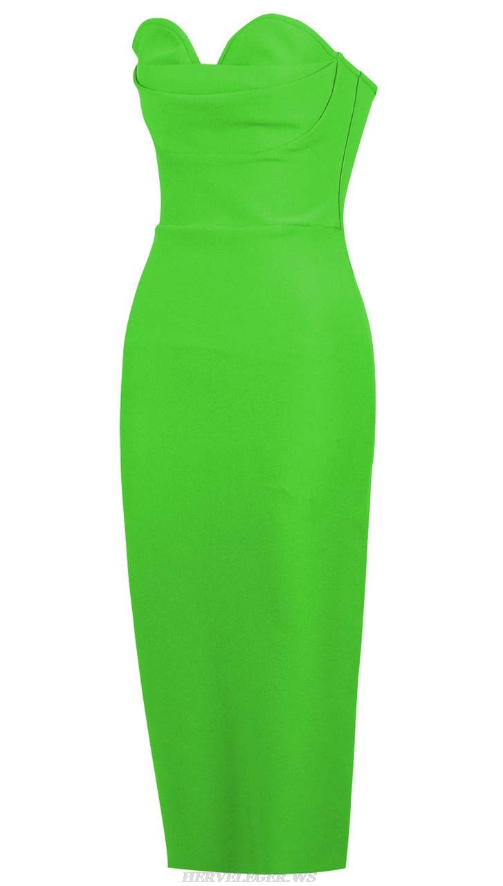 Herve Leger Green Strapless Draped Midi Dress