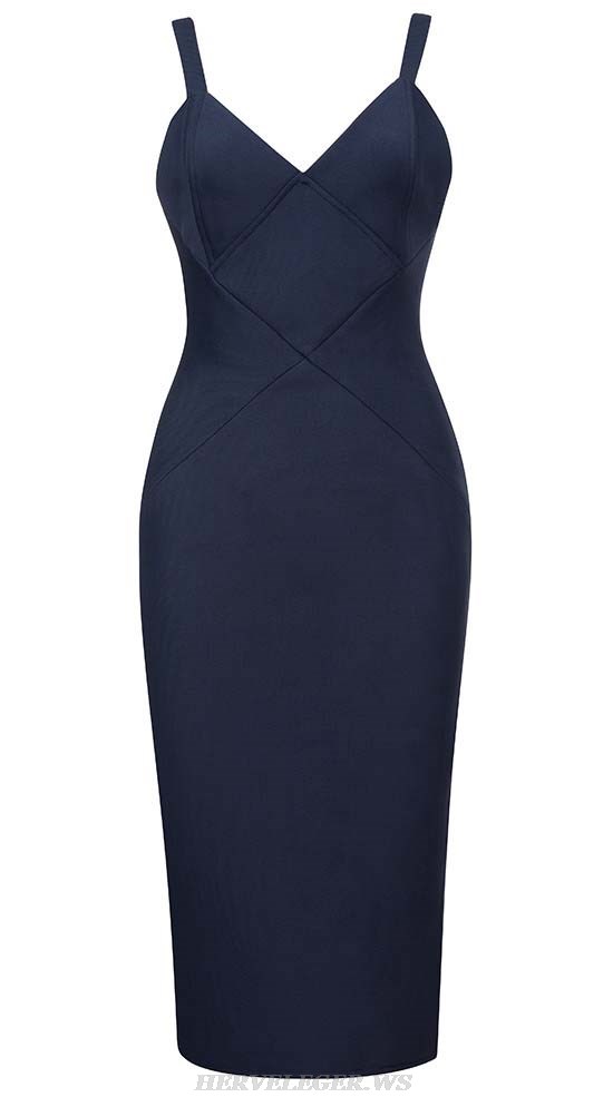 Herve Leger Navy Blue Structured Midi Dress