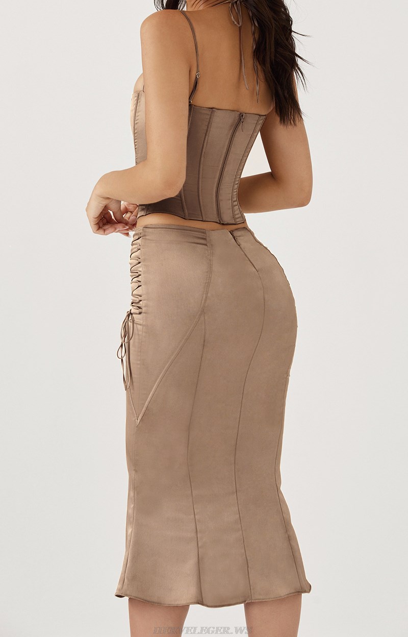 Herve Leger Light Brown Corset Lace Up Two Piece Dress