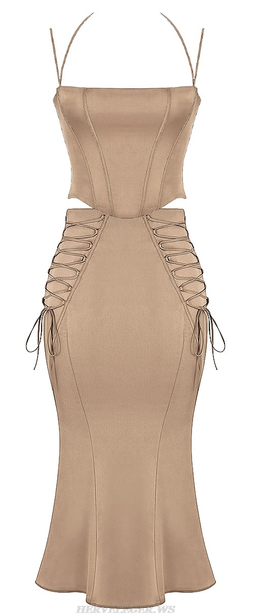 Herve Leger Light Brown Corset Lace Up Two Piece Dress