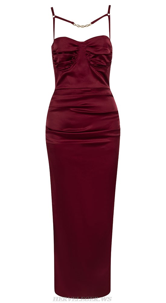 Herve Leger Burgundy Draped Bustier Silk Dress