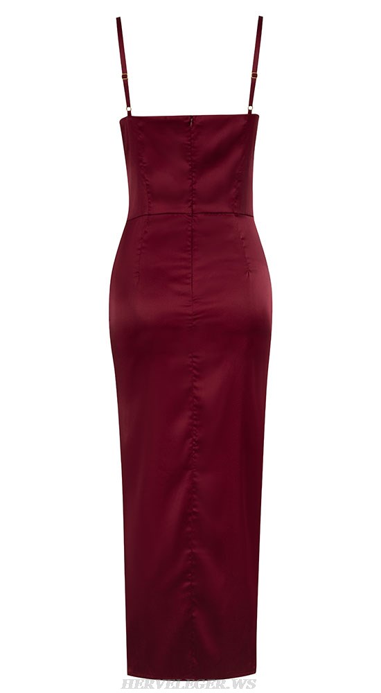 Herve Leger Burgundy Draped Bustier Silk Dress