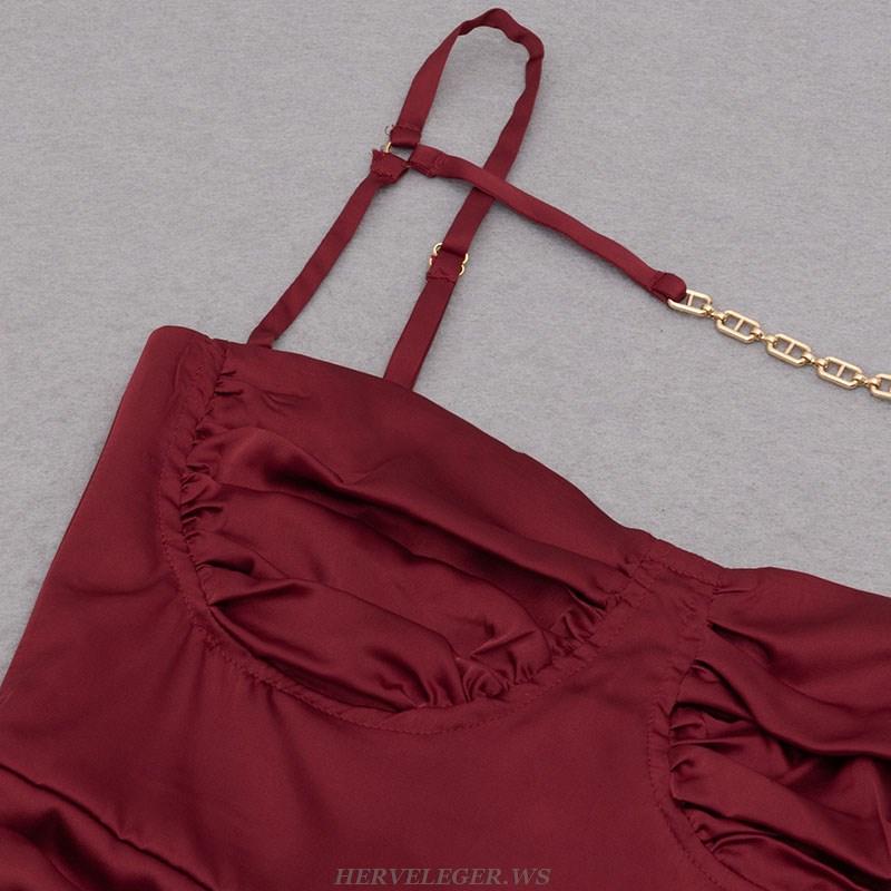 Herve Leger Burgundy Draped Bustier Silk Dress