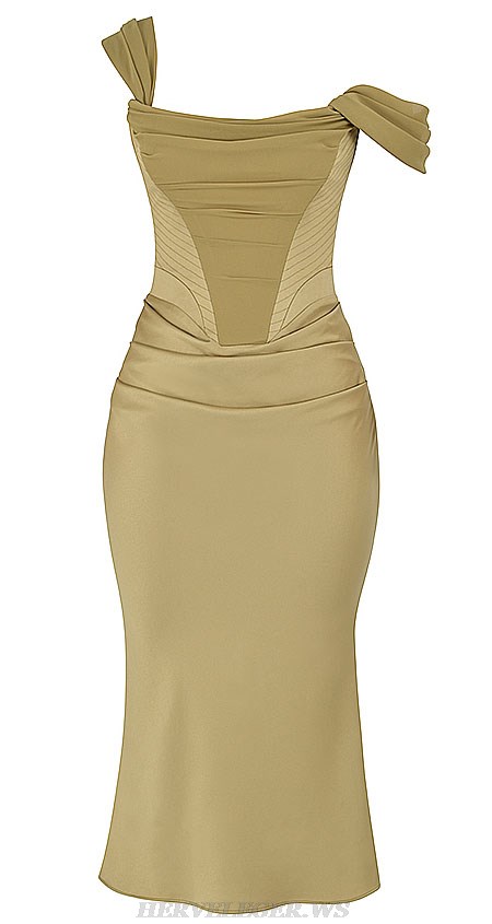 Herve Leger Draped Off Shoulder Corset Mustard