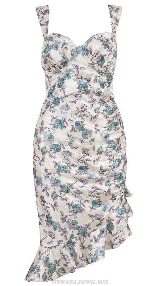 Herve Leger White Floral Bustier Draped Ruffle Dress