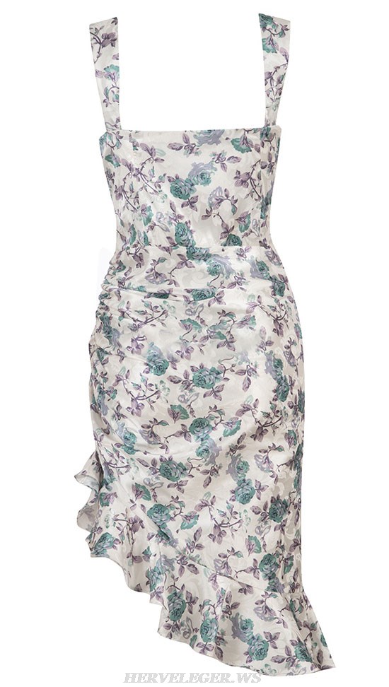 Herve Leger White Floral Bustier Draped Ruffle Dress