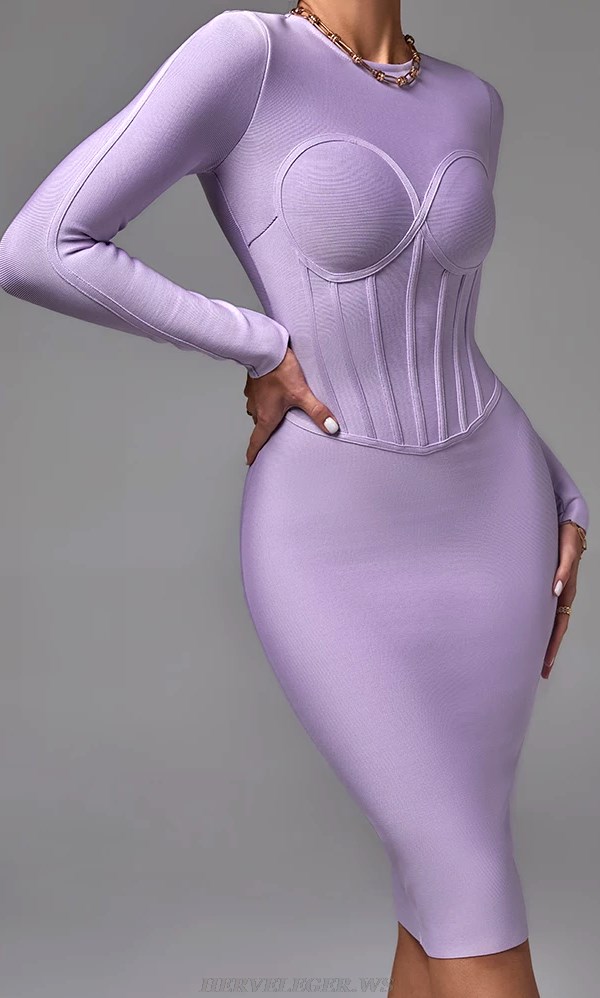 Herve Leger Lavender Long Sleeve Corset Design Dress