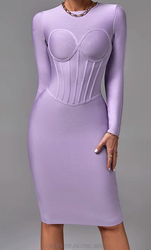 Herve Leger Lavender Long Sleeve Corset Design Dress