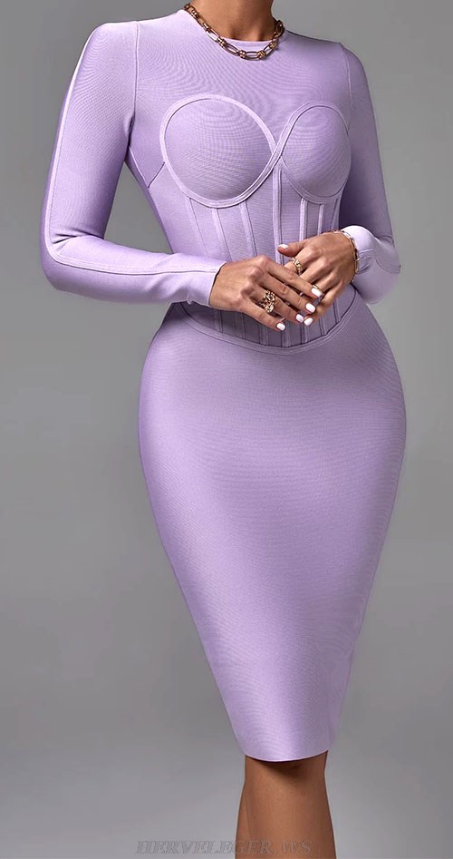 Herve Leger Lavender Long Sleeve Corset Design Dress