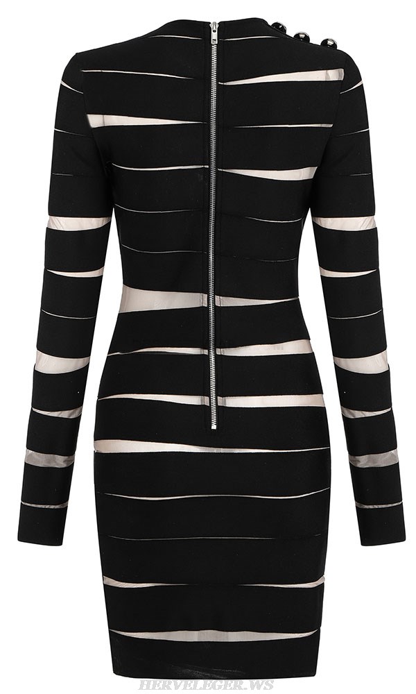 Herve Leger Black Long Sleeve Mesh Button Dress