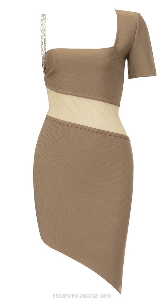 Herve Leger Brown One Short Sleeve Chain Strap Dress