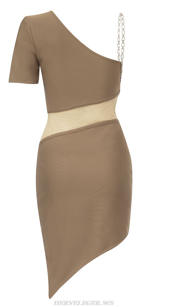 Herve Leger Brown One Short Sleeve Chain Strap Dress