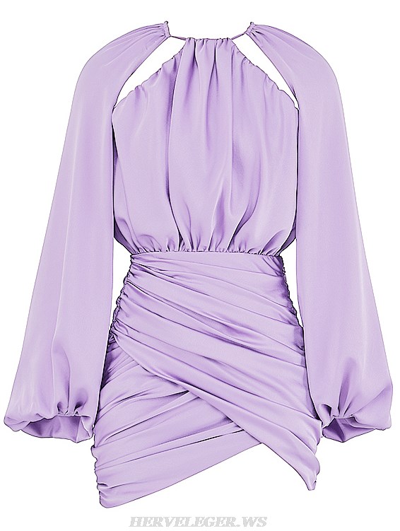 Herve Leger Lavender Puff Long Sleeve Draped Backless Dress