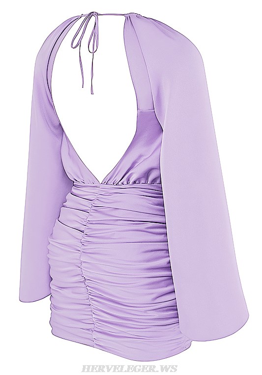 Herve Leger Lavender Puff Long Sleeve Draped Backless Dress