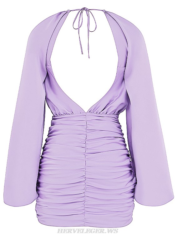 Herve Leger Lavender Puff Long Sleeve Draped Backless Dress