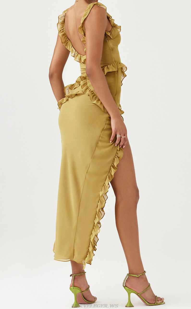 Herve Leger Mustard Ruffle Split Gown