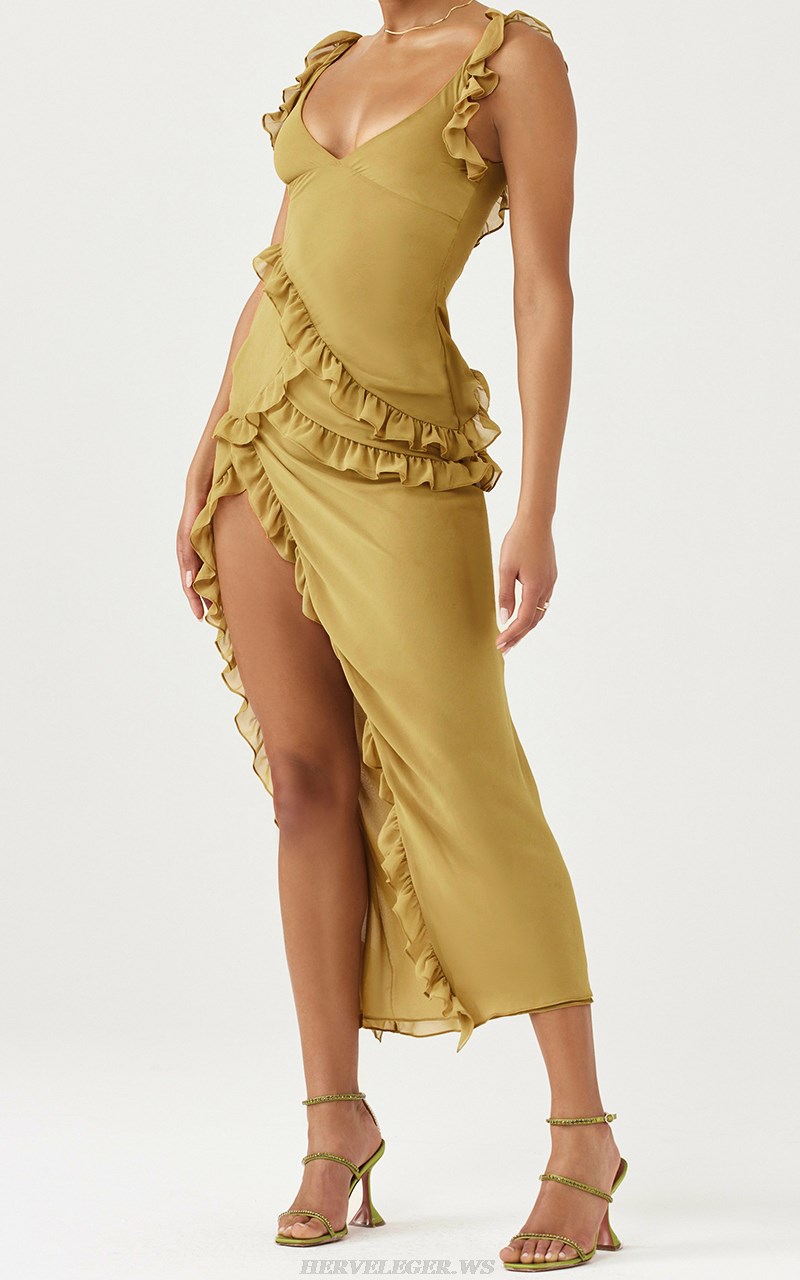 Herve Leger Mustard Ruffle Split Gown