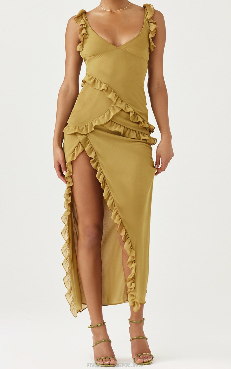 Herve Leger Mustard Ruffle Split Gown