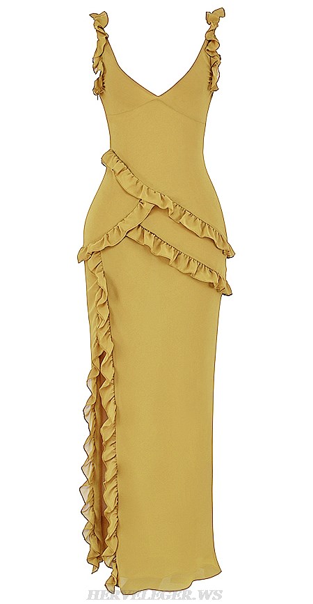 Herve Leger Mustard Ruffle Split Gown