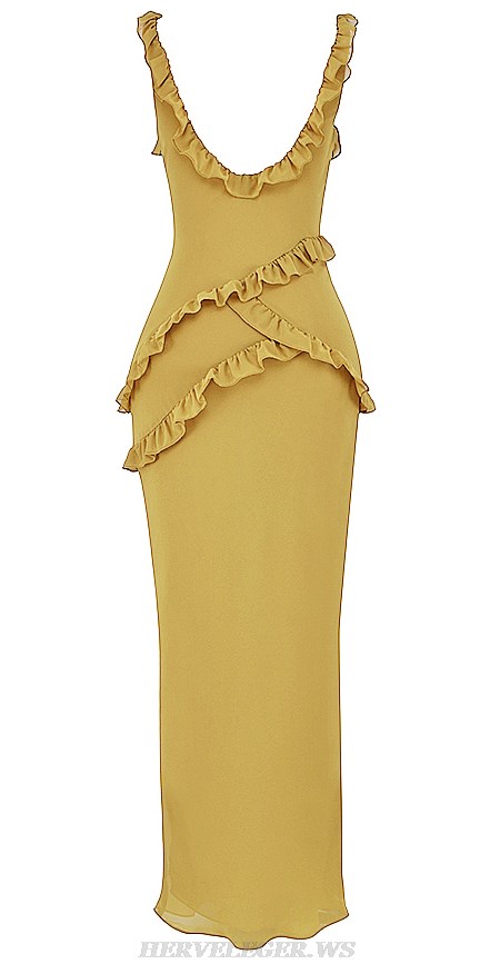 Herve Leger Mustard Ruffle Split Gown