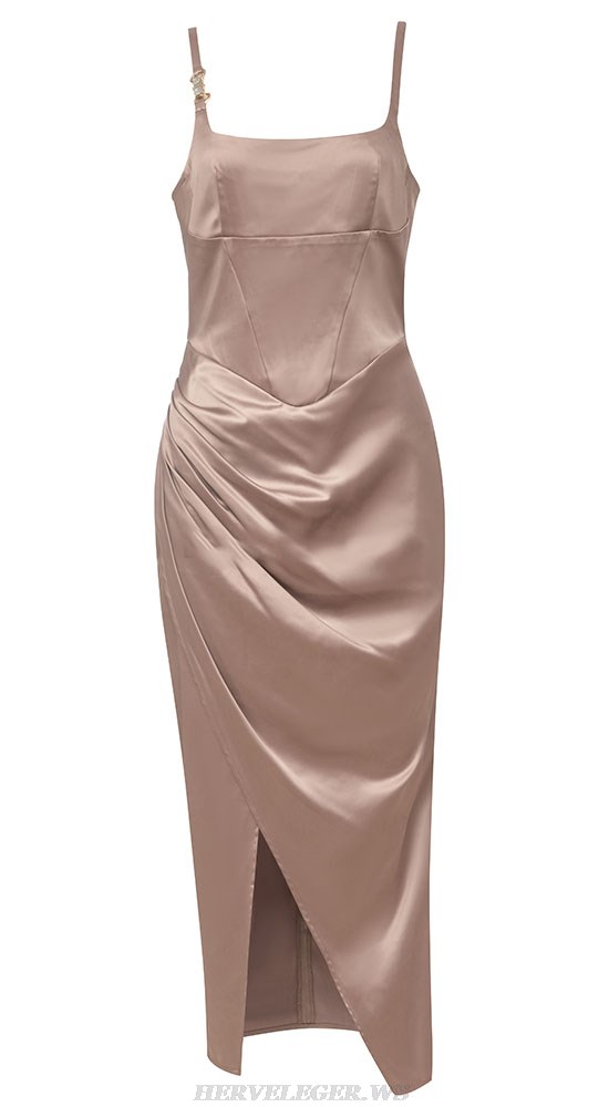 Herve Leger Taupe Draped Silk Dress