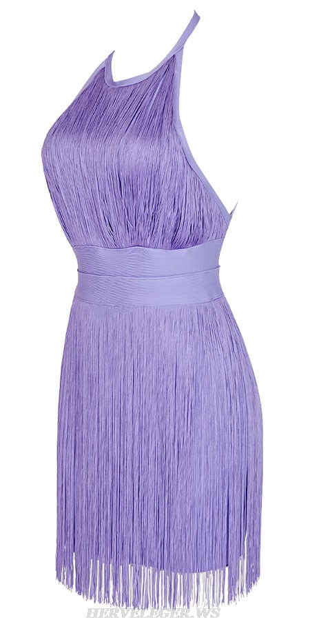 Herve Leger Lavender Halter Tassel Backless Dress