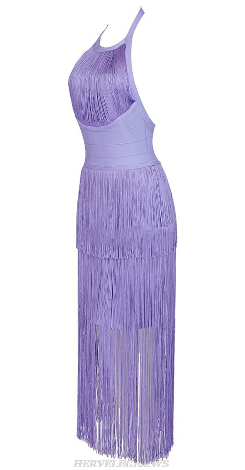 Herve Leger Lavender Halter Tassel Backless Dress