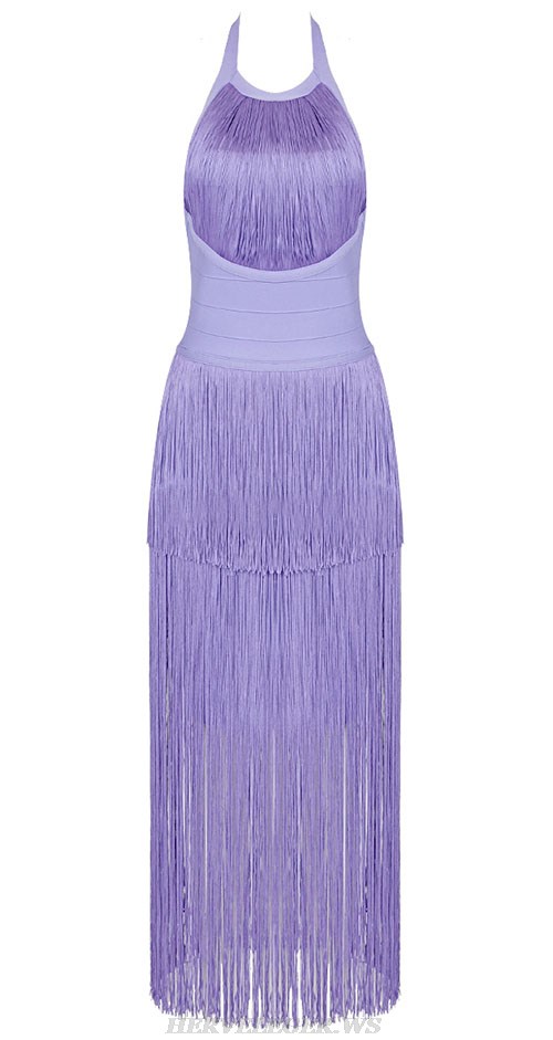 Herve Leger Lavender Halter Tassel Backless Dress