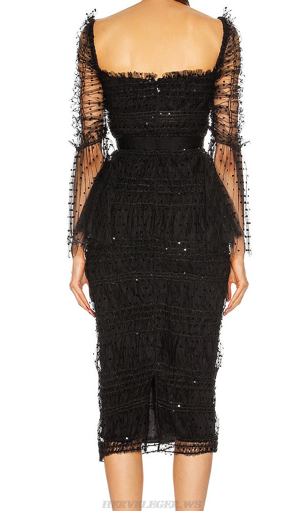 Herve Leger Black Bell Sleeve Draped Mesh Midi Dress