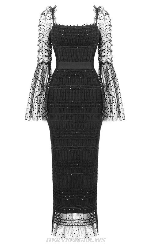 Herve Leger Black Bell Sleeve Draped Mesh Midi Dress