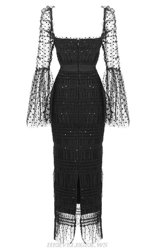 Herve Leger Black Bell Sleeve Draped Mesh Midi Dress