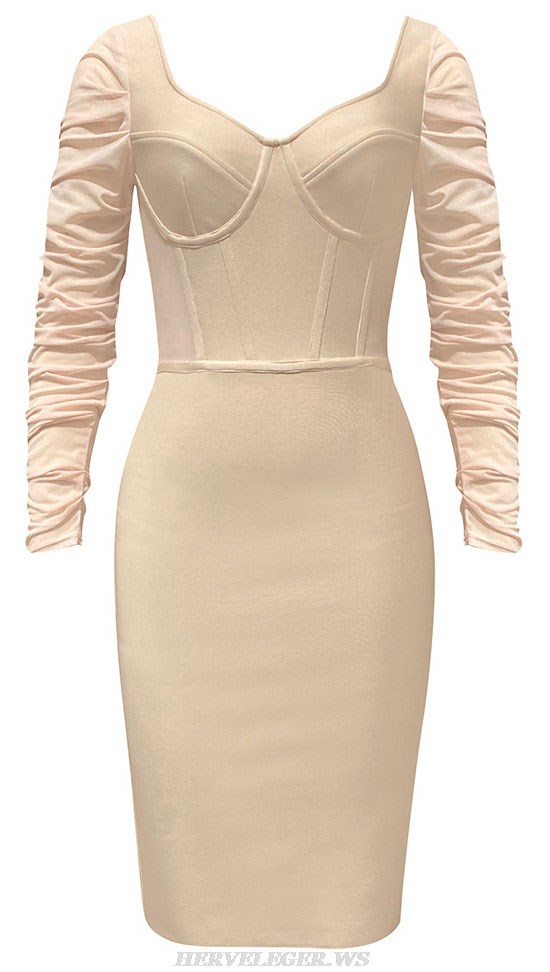 Herve Leger Nude Draped Long Sleeve Bustier Midi Dress