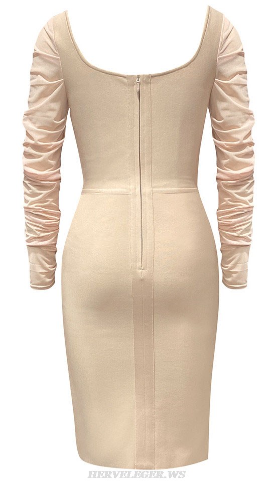 Herve Leger Nude Draped Long Sleeve Bustier Midi Dress