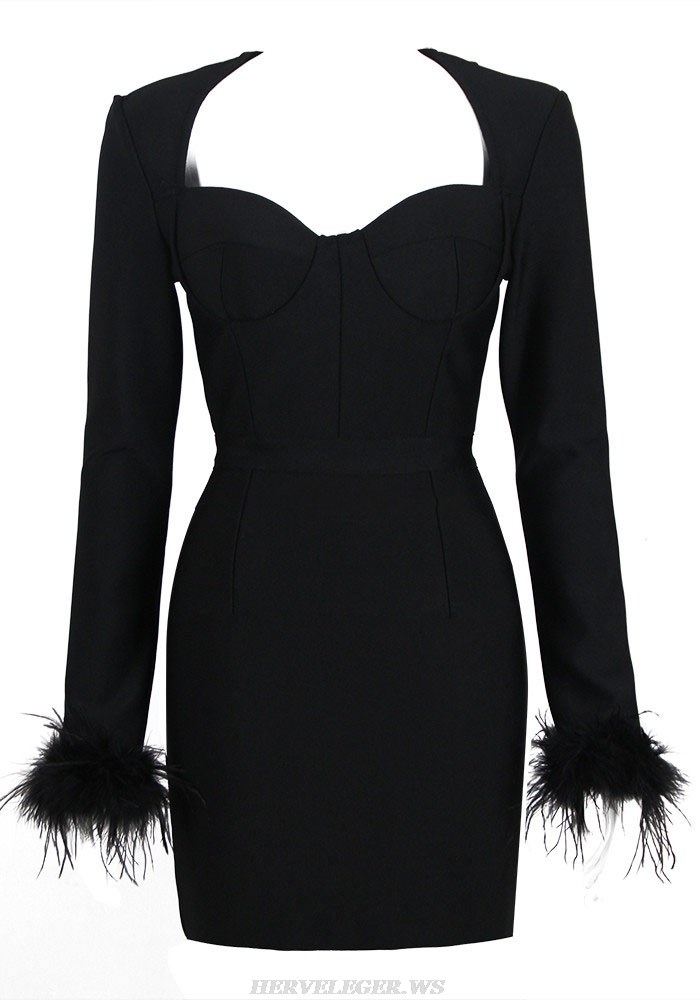 Herve Leger Black Feather Long Sleeve Bustier Dress