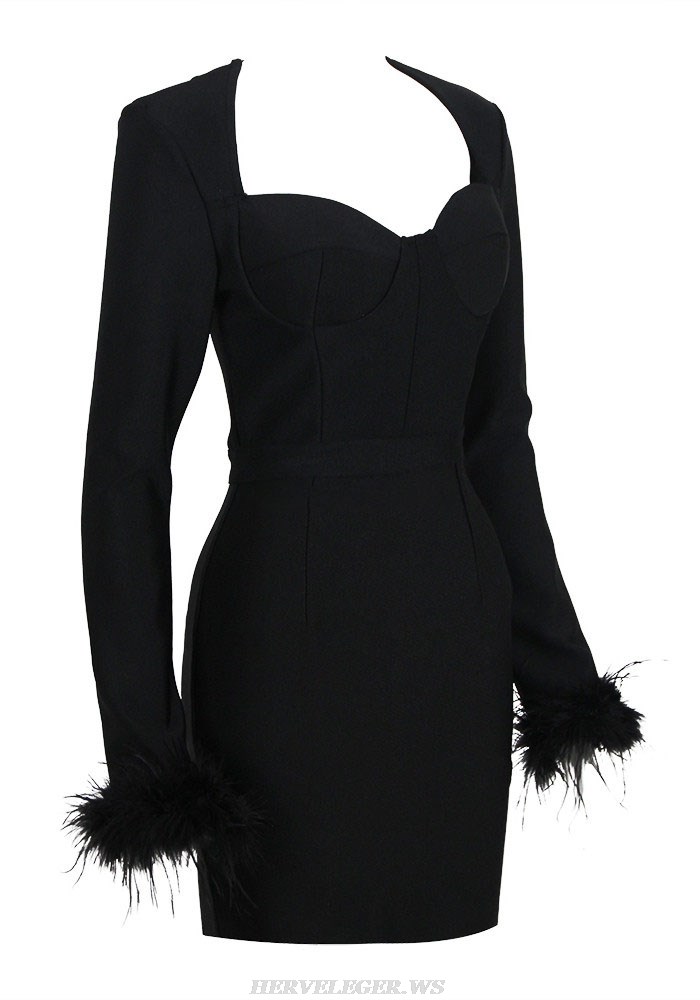 Herve Leger Black Feather Long Sleeve Bustier Dress