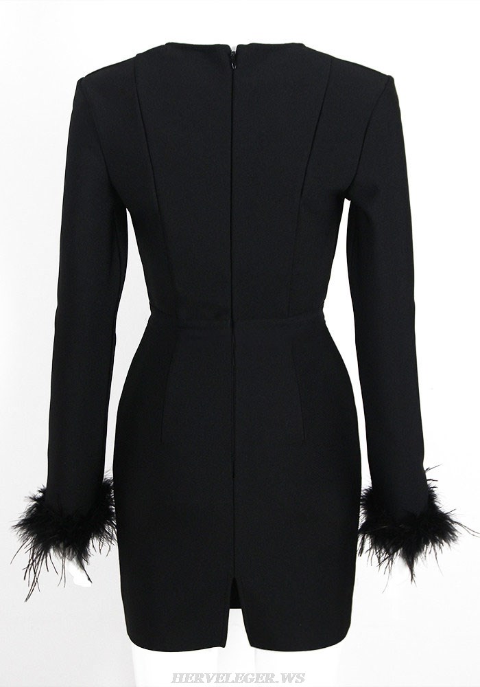 Herve Leger Black Feather Long Sleeve Bustier Dress