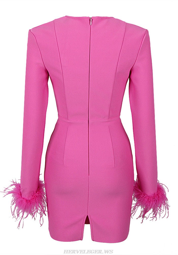 Herve Leger Pink Feather Long Sleeve Bustier Dress