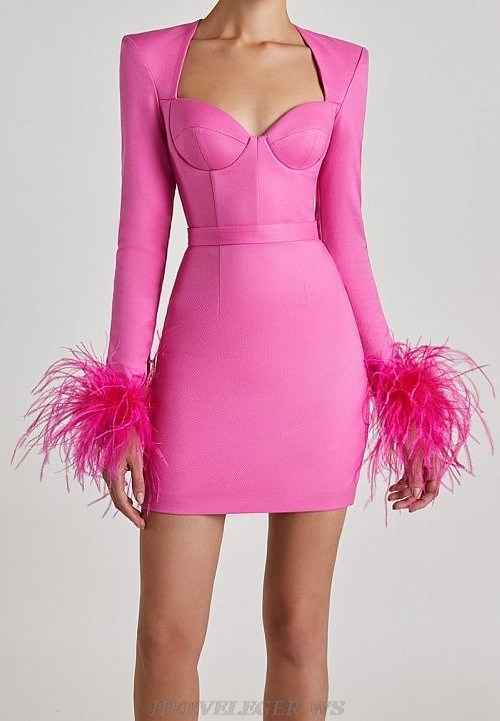 Herve Leger Pink Feather Long Sleeve Bustier Dress