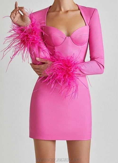 Herve Leger Pink Feather Long Sleeve Bustier Dress