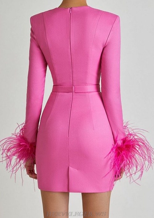 Herve Leger Pink Feather Long Sleeve Bustier Dress