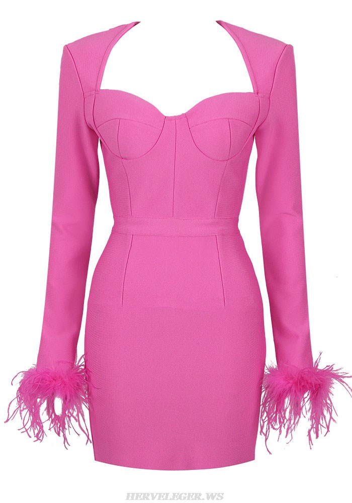 Herve Leger Pink Feather Long Sleeve Bustier Dress