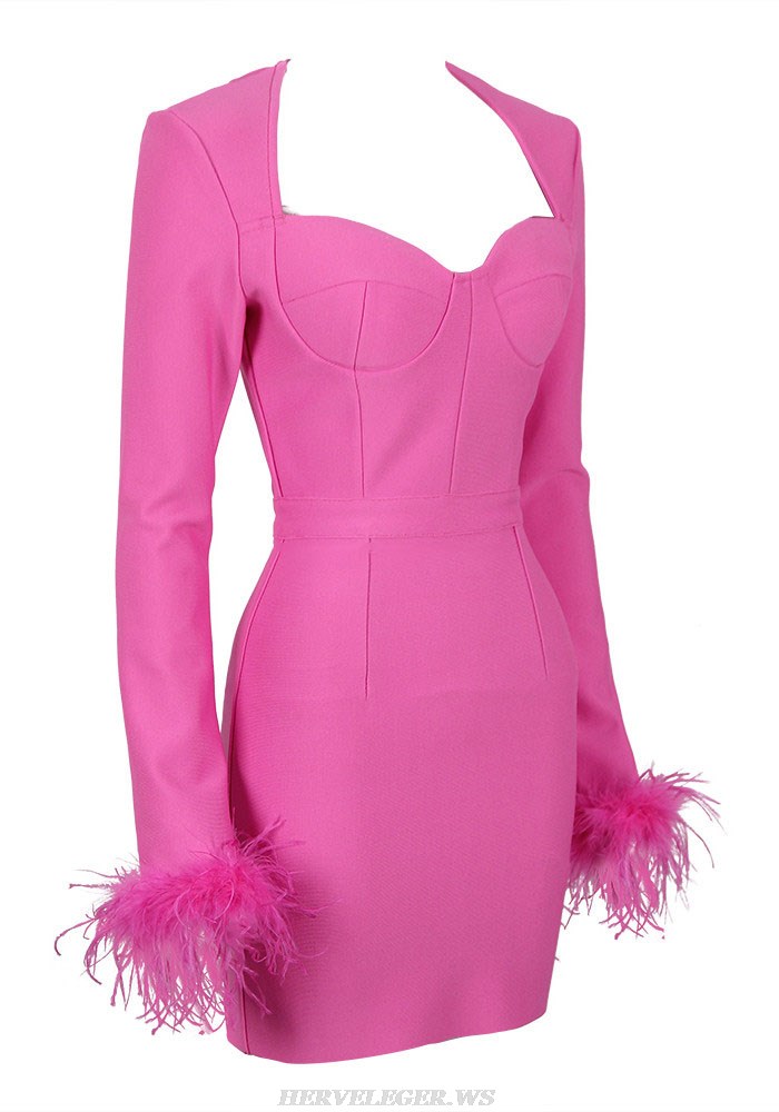 Herve Leger Pink Feather Long Sleeve Bustier Dress